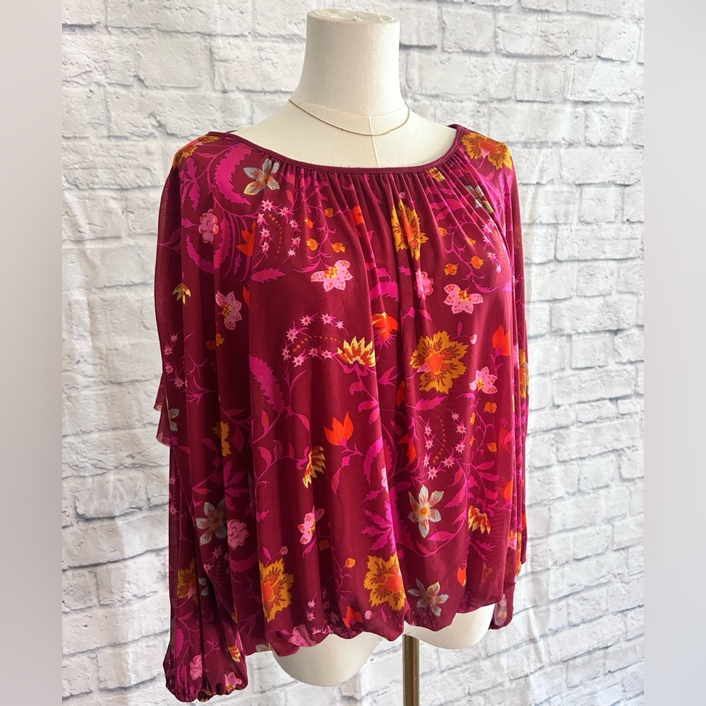 Free People Blouse Peasant Boho Bohemian Floral Raspberry Pink Long Sleeve - Picture 4 of 10
